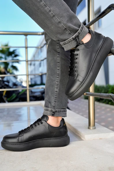 Valendo Siyah Siyah Garantili Erkek Günlük Casual Bağcıklı Tabanlı Sneaker Ayakkabı VALENDO-5141 - 3