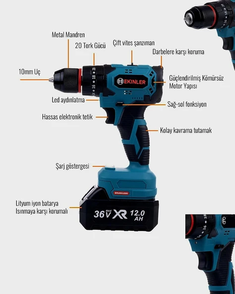 Kömürsüz Motor 36Vf 12ah Metal Mandren Vidalama Matkap Seti 10p  EEA349 - 4