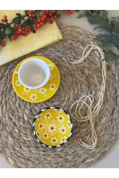 Sarı Papatya Tek Kişilik Kahve Fincanı Ve Kase Lokumluk - 5