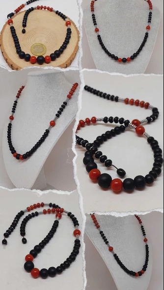 Kırmızı Jasper Taşı & Oniks Taşı Tasarım Unisex Kolye (54416) ürün görseli