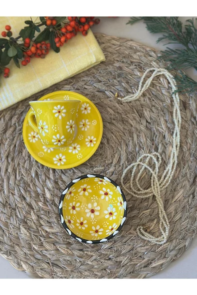 Sarı Papatya Tek Kişilik Kahve Fincanı Ve Kase Lokumluk - 3