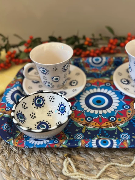 Nazar Boncuk İşlemeli 2 li Kahve Fincanı-Lokumluk-Tepsi / 5 li Set - 4