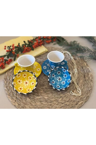 Papatya Çiçek 2 li Kahve Fincan Takımı ve 2 Adet Lokumluk Kase - 2