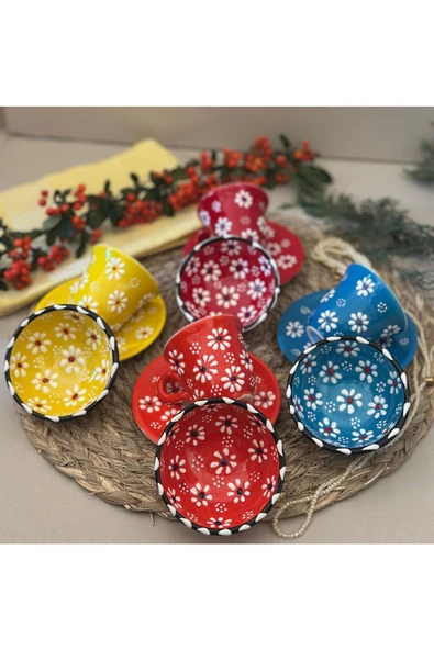 Papatya El İşlemeli 4 kişilik Kahve Fincan Seti - 6