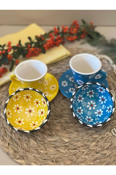 Papatya Çiçek 2 li Kahve Fincan Takımı ve 2 Adet Lokumluk Kase - 3