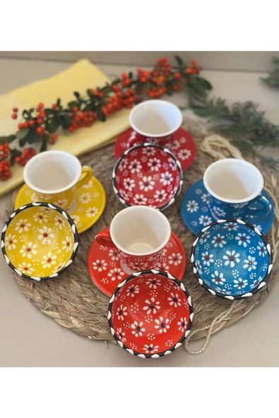 Papatya El İşlemeli 4 kişilik Kahve Fincan Seti - 3