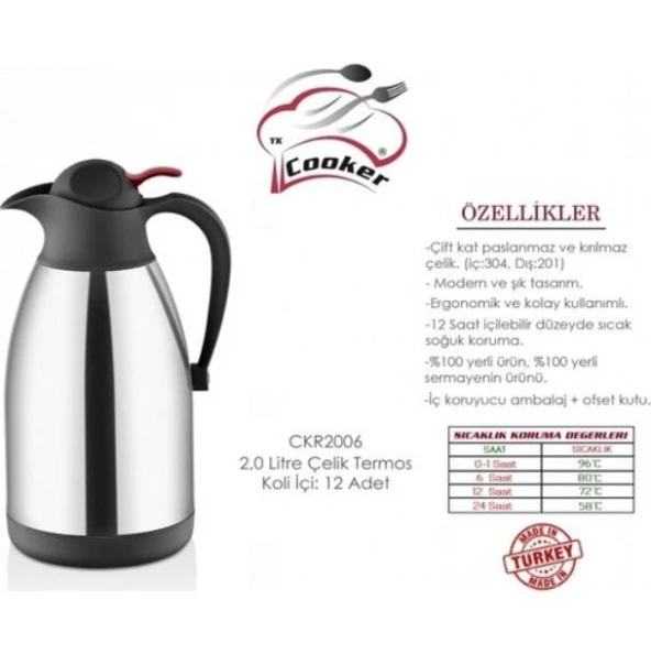 Cooker 2 Litre Paslanmaz Çelik Termos Sürahi Model CKR2006 - 2