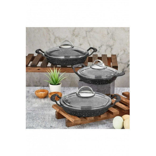 Granit Döküm 3'Lü Sahan Set Cam Kapaklı (18+20+22)cm - 2