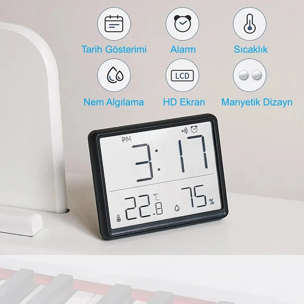 HyMark Mıknatıslı LCD Dijital Ekran 9x7 cm Pilli Mini Saat Alarm Saat Nem Göstergesi Sıcaklık Ölçer - 2