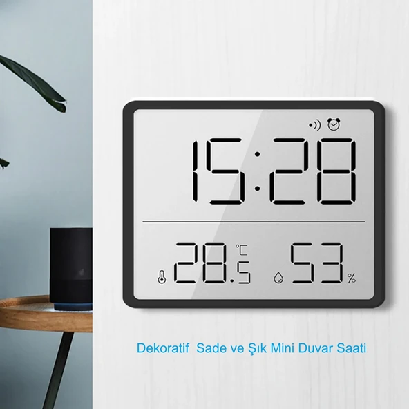 HyMark Mıknatıslı LCD Dijital Ekran 9x7 cm Pilli Mini Saat Alarm Saat Nem Göstergesi Sıcaklık Ölçer - 4