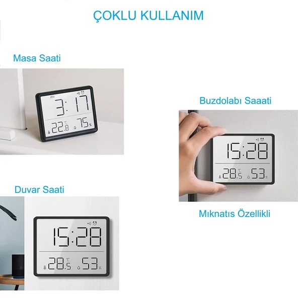 HyMark Mıknatıslı LCD Dijital Ekran 9x7 cm Pilli Mini Saat Alarm Saat Nem Göstergesi Sıcaklık Ölçer - Resim 3