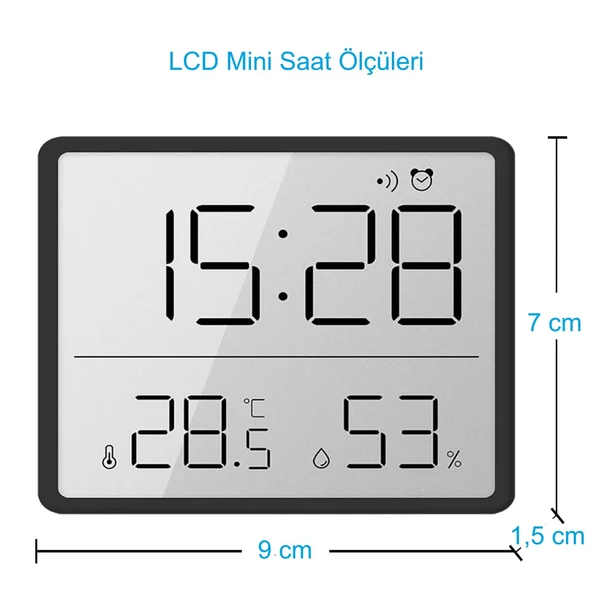 HyMark Mıknatıslı LCD Dijital Ekran 9x7 cm Pilli Mini Saat Alarm Saat Nem Göstergesi Sıcaklık Ölçer - 5