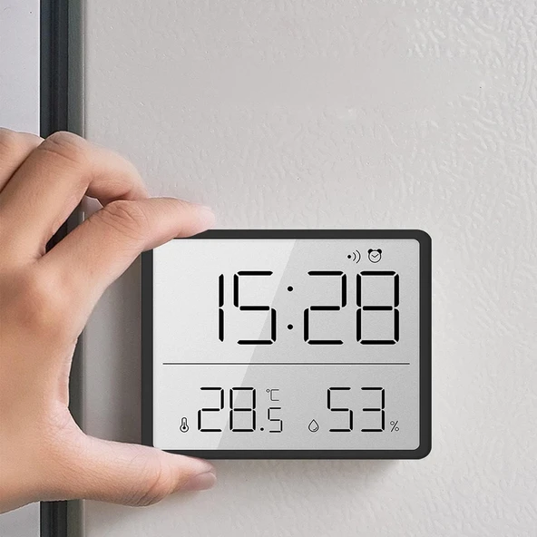 HyMark Mıknatıslı LCD Dijital Ekran 9x7 cm Pilli Mini Saat Alarm Saat Nem Göstergesi Sıcaklık Ölçer ürün görseli 1