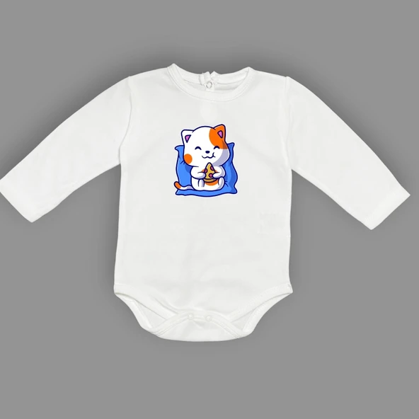 Baskılı Pizza Yiyen kedi Bebek Çıtçıtlı Body - 5