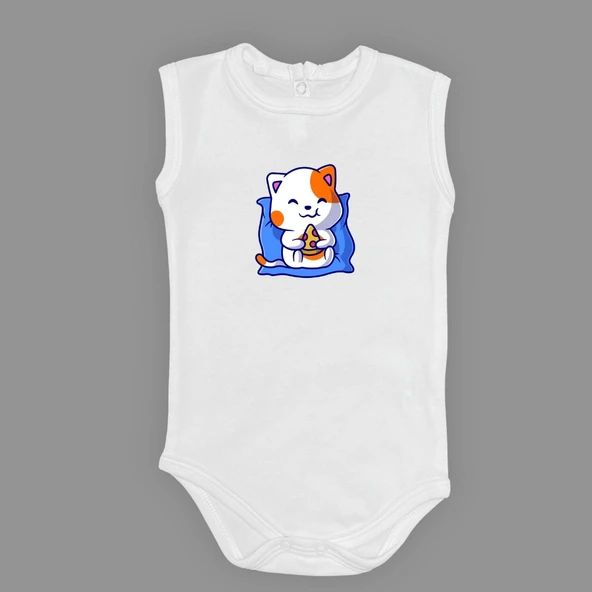 Baskılı Pizza Yiyen kedi Bebek Çıtçıtlı Body - 10