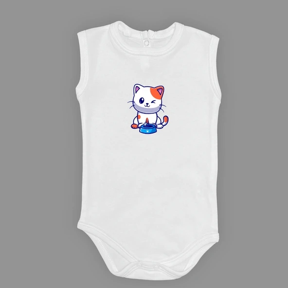 Baskılı Mama Yiyen kedi Bebek Çıtçıtlı Body MNK0661 ürün görseli 1
