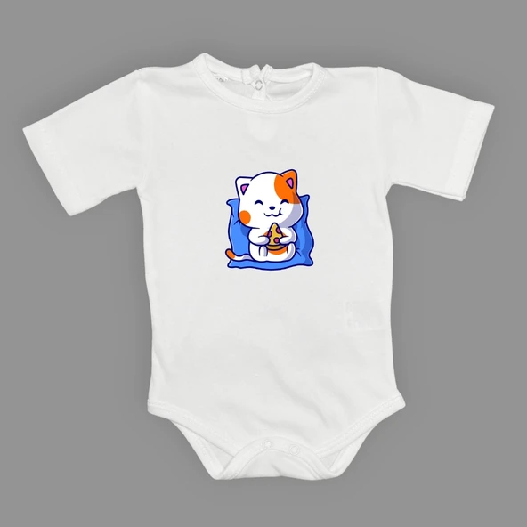 Baskılı Pizza Yiyen kedi Bebek Çıtçıtlı Body - 6