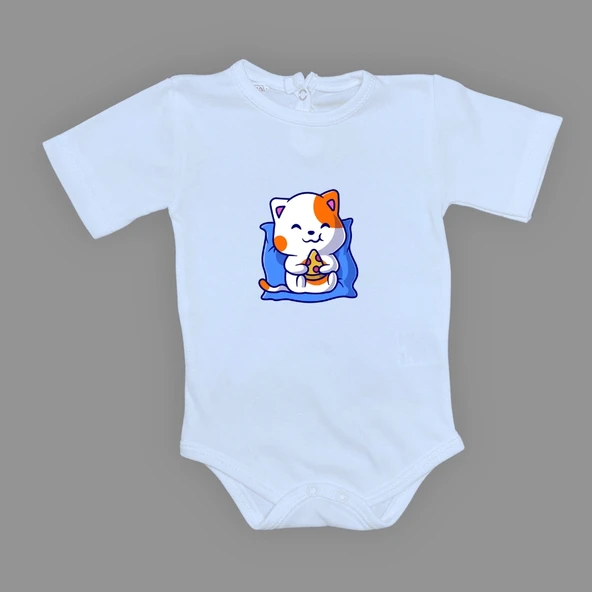 Baskılı Pizza Yiyen kedi Bebek Çıtçıtlı Body - 7