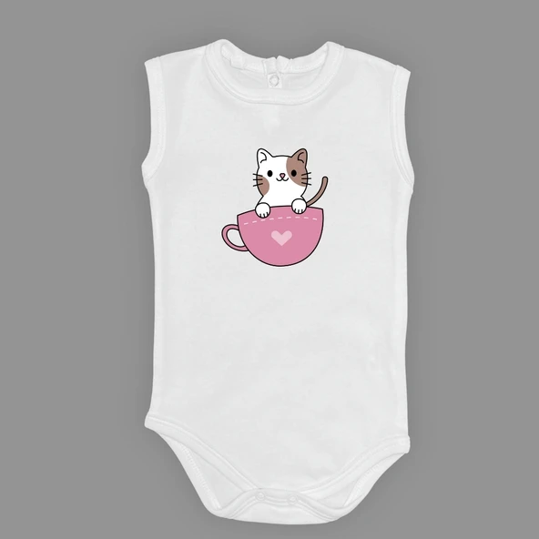Baskılı Kalpli Fincan Kedi Bebek Çıtçıtlı Body ürün görseli 1