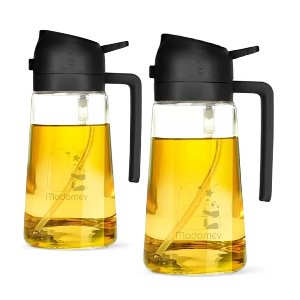 2 Adet Çift Fonksiyonlu Cam Yağdanlık 450ml Zeytinyağı Sıvıyağ Şişe Airfryer Sprey Yağlık Sirkelik