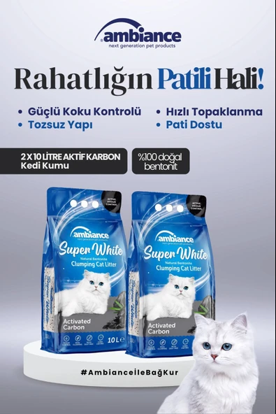 Ambiance Aktif Karbonlu Hızlı Topaklanan Doğal Bentonit Kedi Kumu 10 Lt X 2 Adet