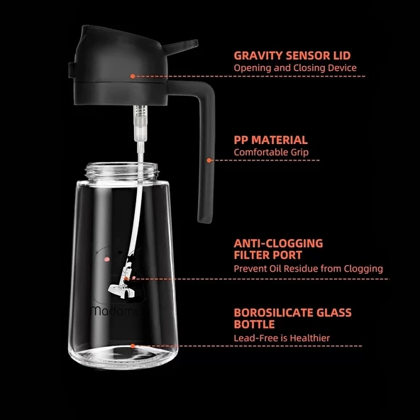 2 Adet Çift Fonksiyonlu Cam Sprey Yağdanlık 450ml Zeytinyağı Sıvıyağ Şişe Airfryer Yağlık Sirkelik - 4