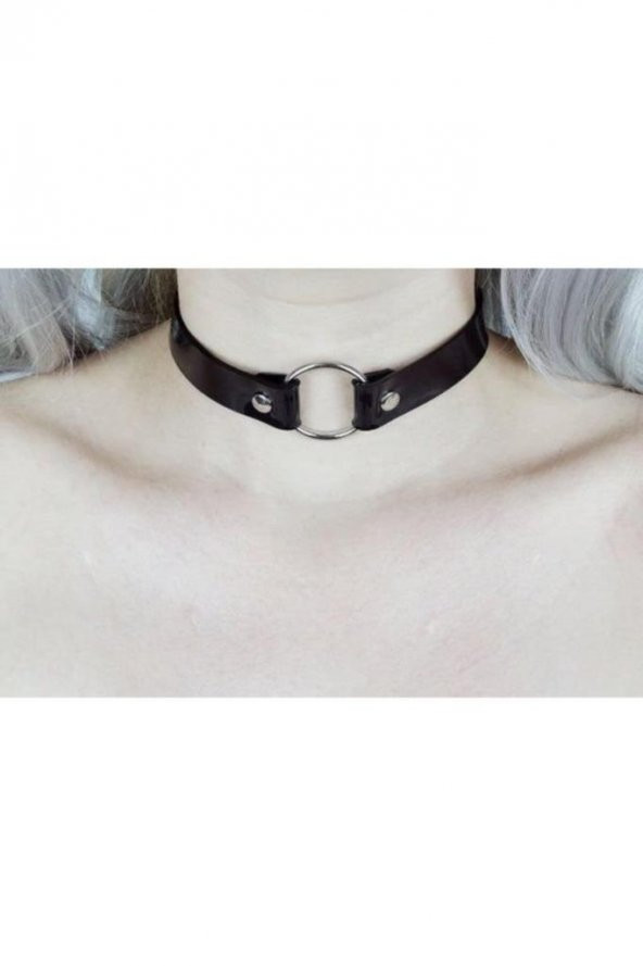 Siyah Deri Tasma Halka 35 cm Choker Bayan Kolye Takı - 2