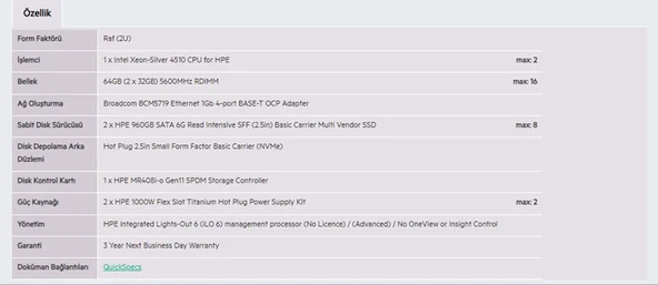 HPE DL380 Gen11 Silver 4510-64G-2x960G-2U (P71674) - Resim 3