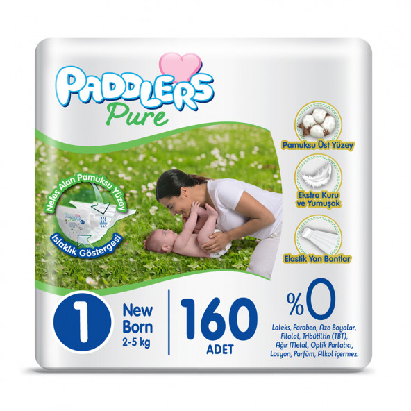 Paddlers Pure Bebek Bezi 1 Numara Yenidoğan 160 Adet (2-5kg) Süper Fırsat Paketi