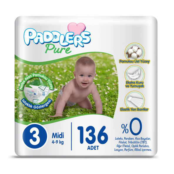 Paddlers Pure Bebek Bezi 3 Numara Midi 136 Adet (4-9kg) Süper Fırsat Paketi