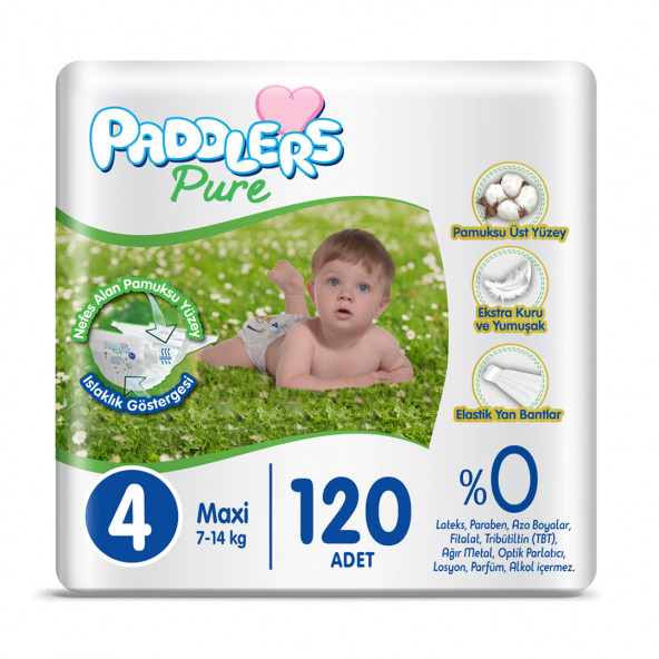 Paddlers Pure Bebek Bezi 4 Numara Maxi 120 Adet (7-14kg) Süper Fırsat Paketi