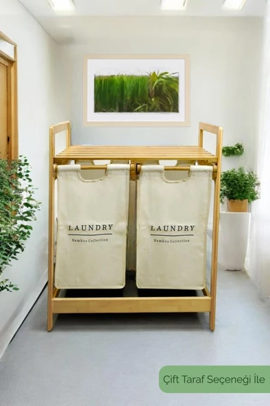 Digithome Bambu 2 Bölmeli Kirli Sepetli Çamaşır Sepeti Raflı Banyo Düzenleyici DB-0007 - 9