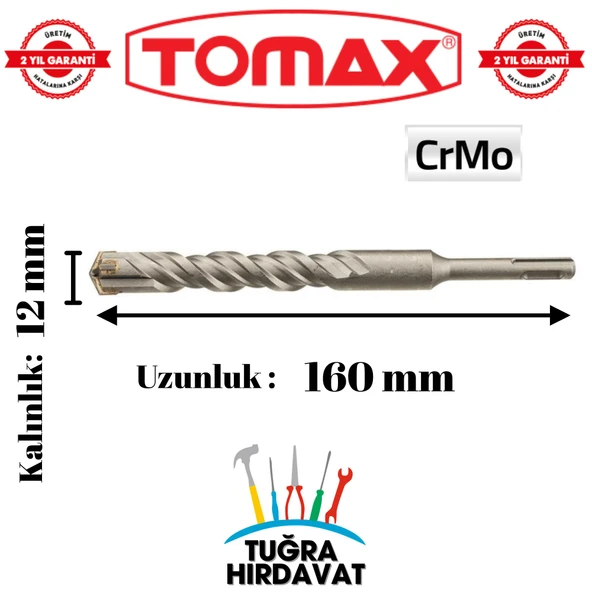 Tomax SDS Plus 12x160 mm 4 Elmaslı Beton ve Duvar Delme Matkap Ucu – CrMo - 2