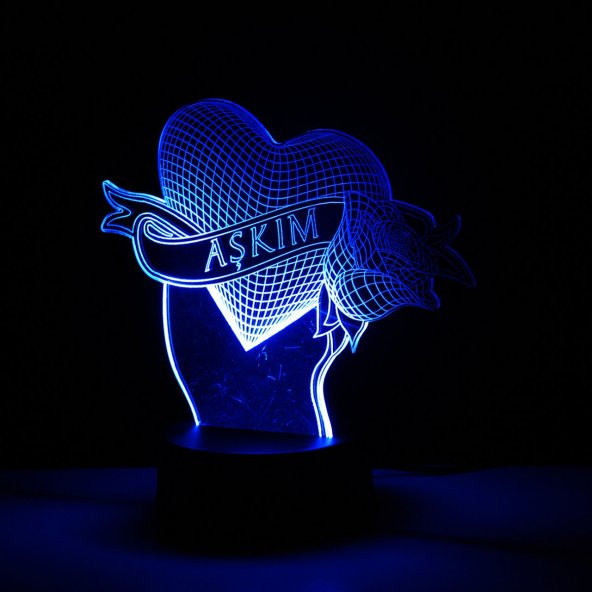 Aşkım Yazılı Kalp Gül 3D Lamba