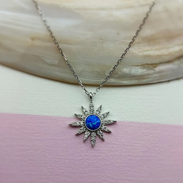 Vaoov 925 Ayar Gümüş Mavi Opal Taşlı Kutup Yıldızı Kolye - Resim 5