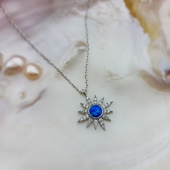 Vaoov 925 Ayar Gümüş Mavi Opal Taşlı Kutup Yıldızı Kolye - Resim 4