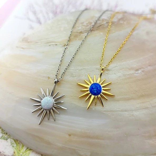 Vaoov 925 Ayar Gümüş Mavi Opal Taşlı Kutup Yıldızı Gold Kolye - Resim 6