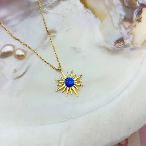 Vaoov 925 Ayar Gümüş Mavi Opal Taşlı Kutup Yıldızı Gold Kolye - Resim 4