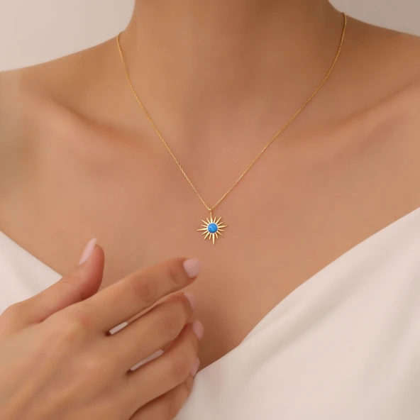 Vaoov 925 Ayar Gümüş Mavi Opal Taşlı Kutup Yıldızı Gold Kolye - Resim 3