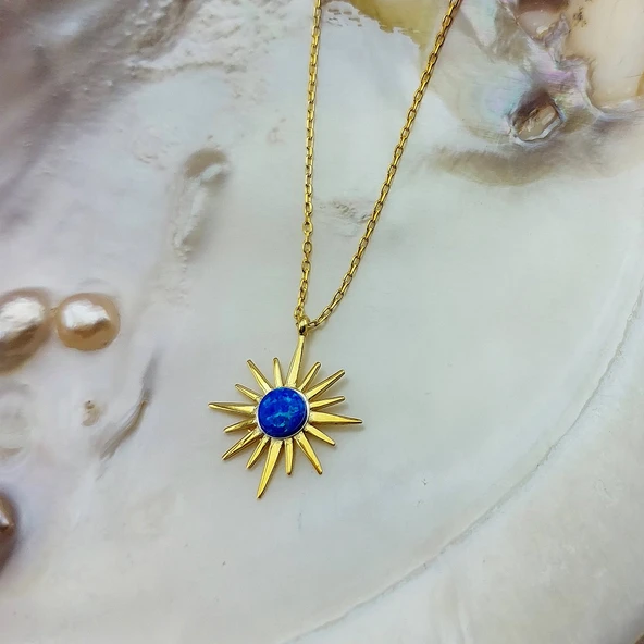 Vaoov 925 Ayar Gümüş Mavi Opal Taşlı Kutup Yıldızı Gold Kolye - Resim 2