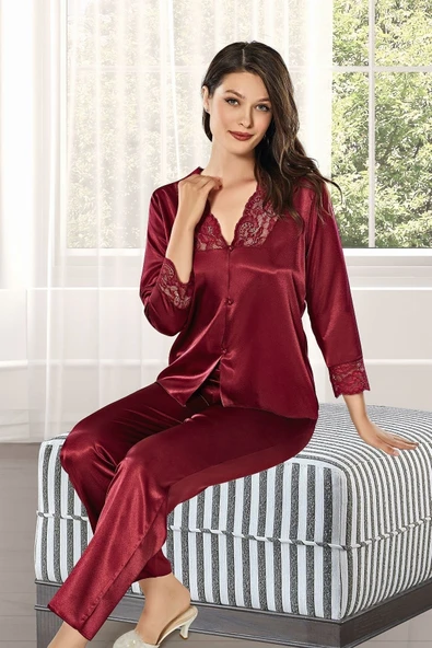 8600 Kadın Çeyizlik Saten 6'lı Set-BORDO M BEDEN - 6