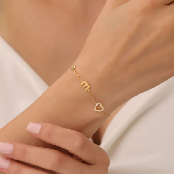 925 Ayar Gümüş Taşlı Kalp ve Harf Bileklik ürün görseli