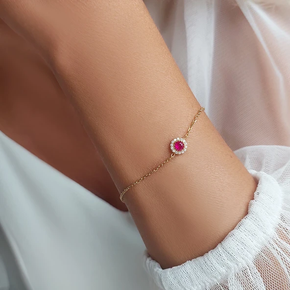 925 Ayar Gümüş Pembe ve Beyaz Taşlı Zarif Bileklik - Resim 5