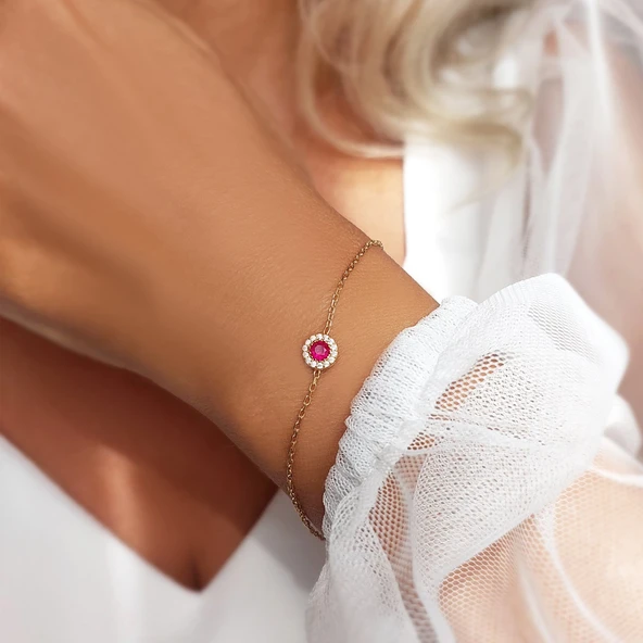 925 Ayar Gümüş Pembe ve Beyaz Taşlı Zarif Bileklik - Resim 4