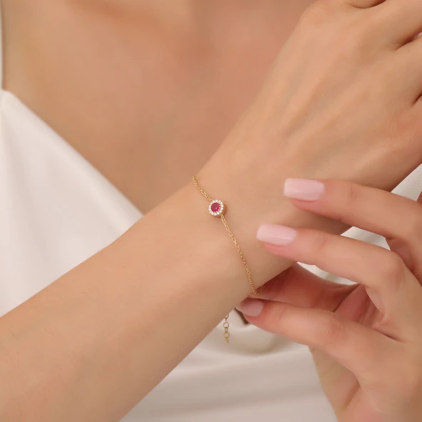 925 Ayar Gümüş Pembe ve Beyaz Taşlı Zarif Bileklik ürün görseli