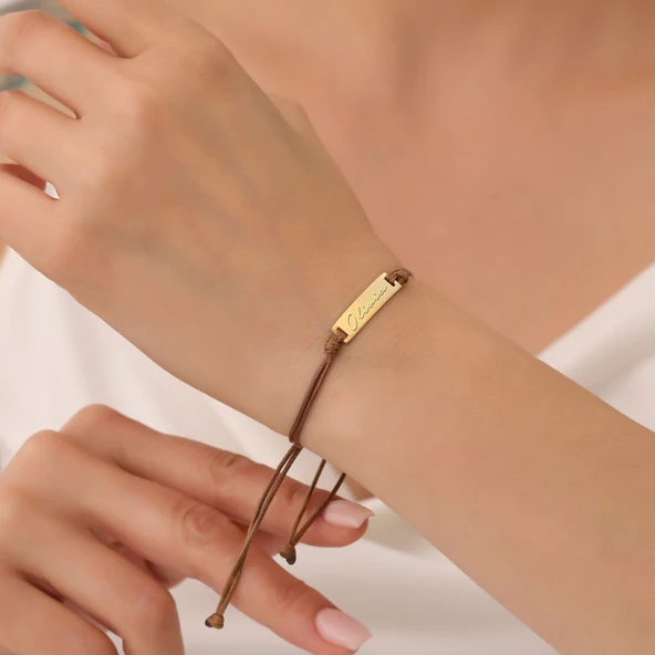 925 Ayar Gümüş İsimli Plaka İp Bileklik - Resim 3