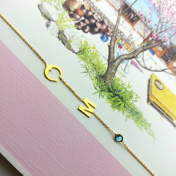 925 Ayar Gümüş Harf ve Nal Taşlı Şans Bileklik - Resim 2