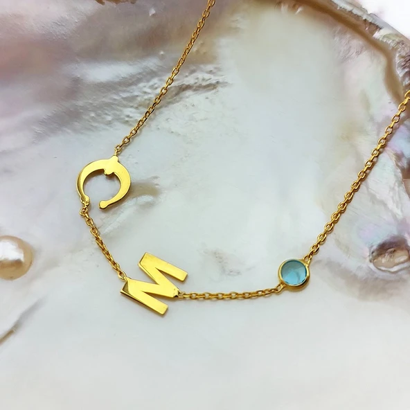 925 Ayar Gümüş Harf ve Nal Taşlı Şans Bileklik - Resim 7