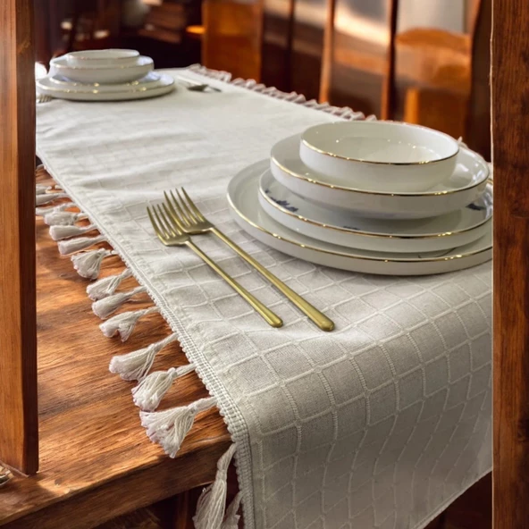 Natural, %100 Organik Pamuklu, Kenar Püsküllü, Naturel Keten Runner - 4