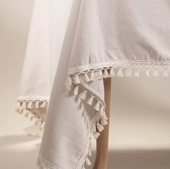 Naturel Özel Sınıf Keten, Organik, %100 Pamuklu, Pamuk Püsküllü Masa Örtüsü - 2